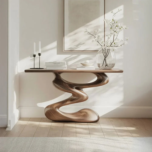 Artisan Solid Wood Console Table with Curved Sculptural Base – Minimalist Entryway Furniture