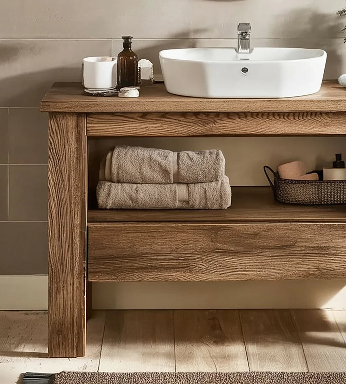 Solid wood bathroom vanity with vessel sink, towels, and modern countertop decor