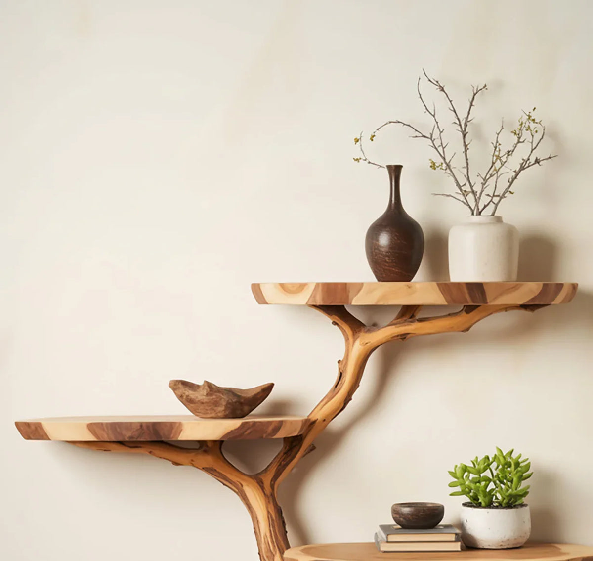 Live edge wooden floating shelves with natural branch support, decorated with vases and plants