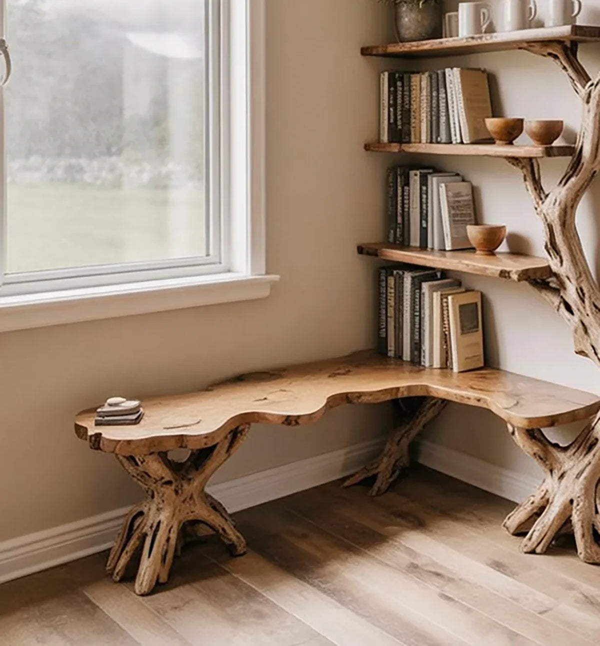 Live edge wooden bench and tree bookshelf in a modern room with natural light.