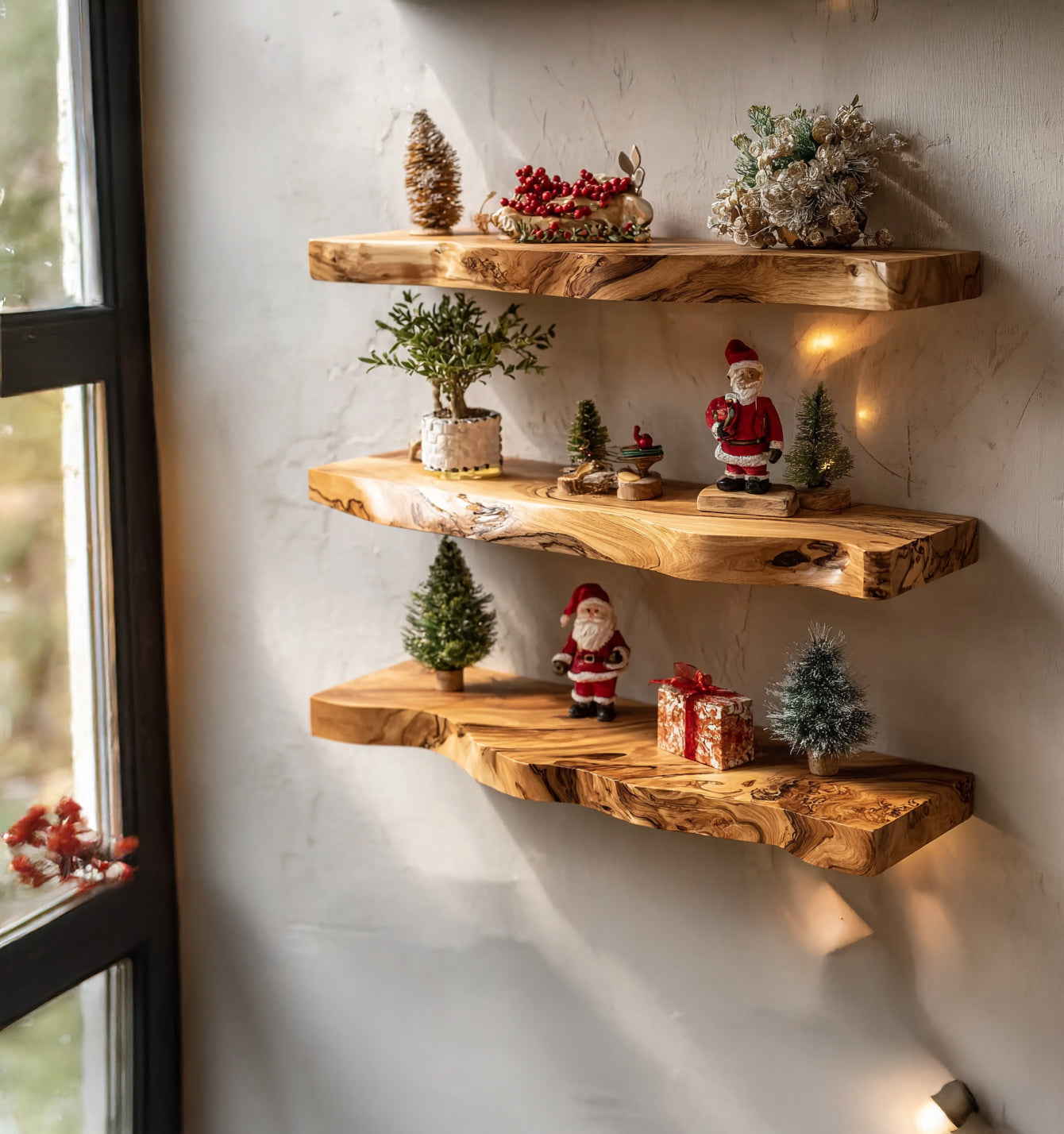 Three rustic wooden shelves on a wall decorated with small Christmas trees, Santa figurines, berry arrangement, and a gift box