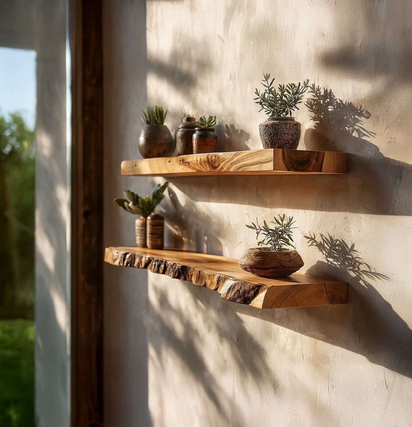 Sunlit rustic wooden floating shelves with decorative potted plants against textured wall