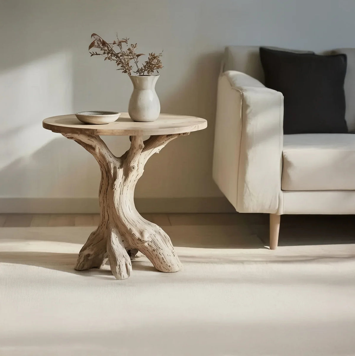 Rustic wooden side table with ceramic vase and bowl next to cream sofa with black pillow