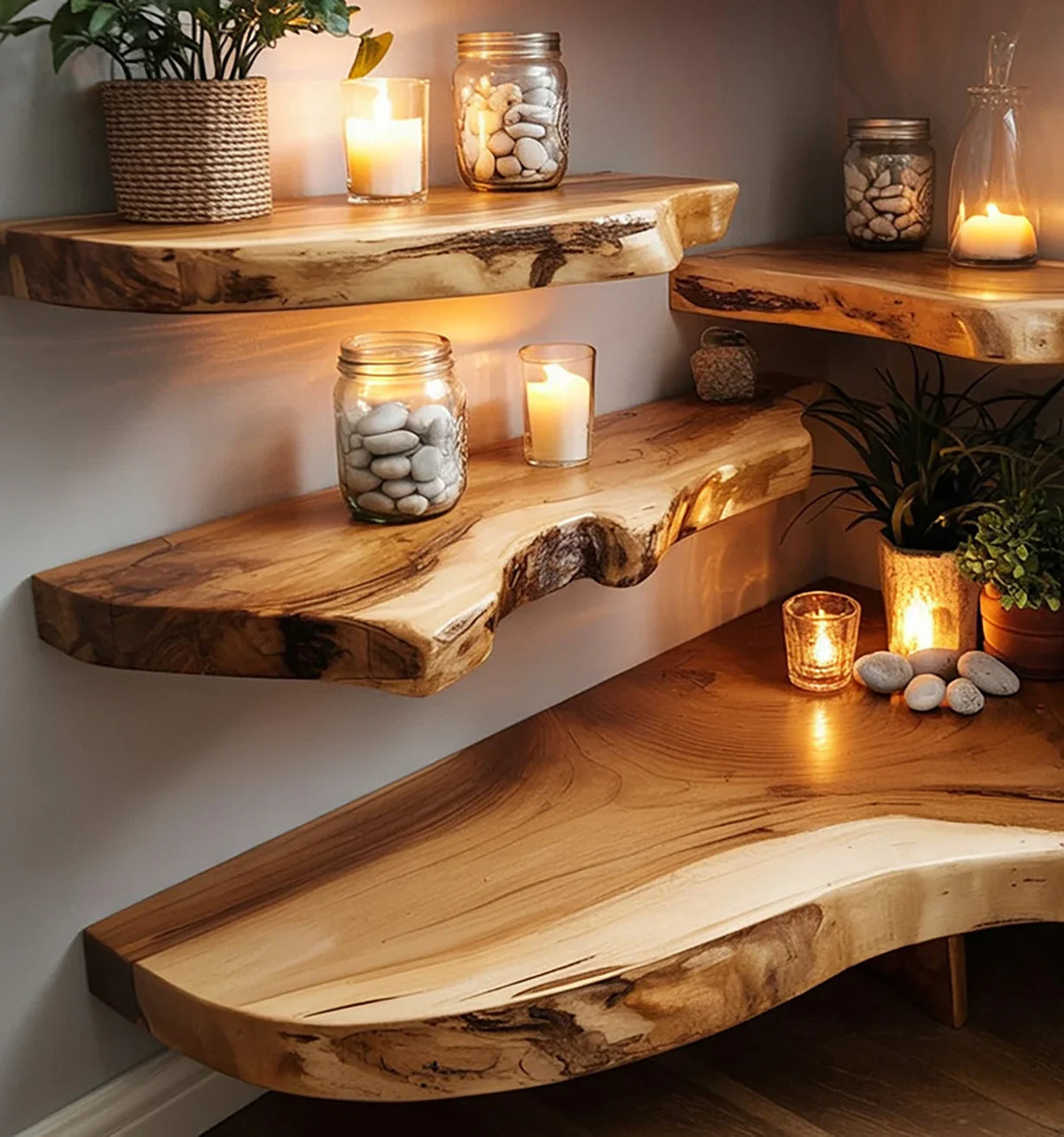 Live edge wooden floating shelves and desk with candles, plants, and jars of stones in cozy room