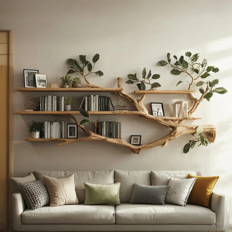 Solid wood tree branch bookshelf with floating shelves and greenery above a modern sofa