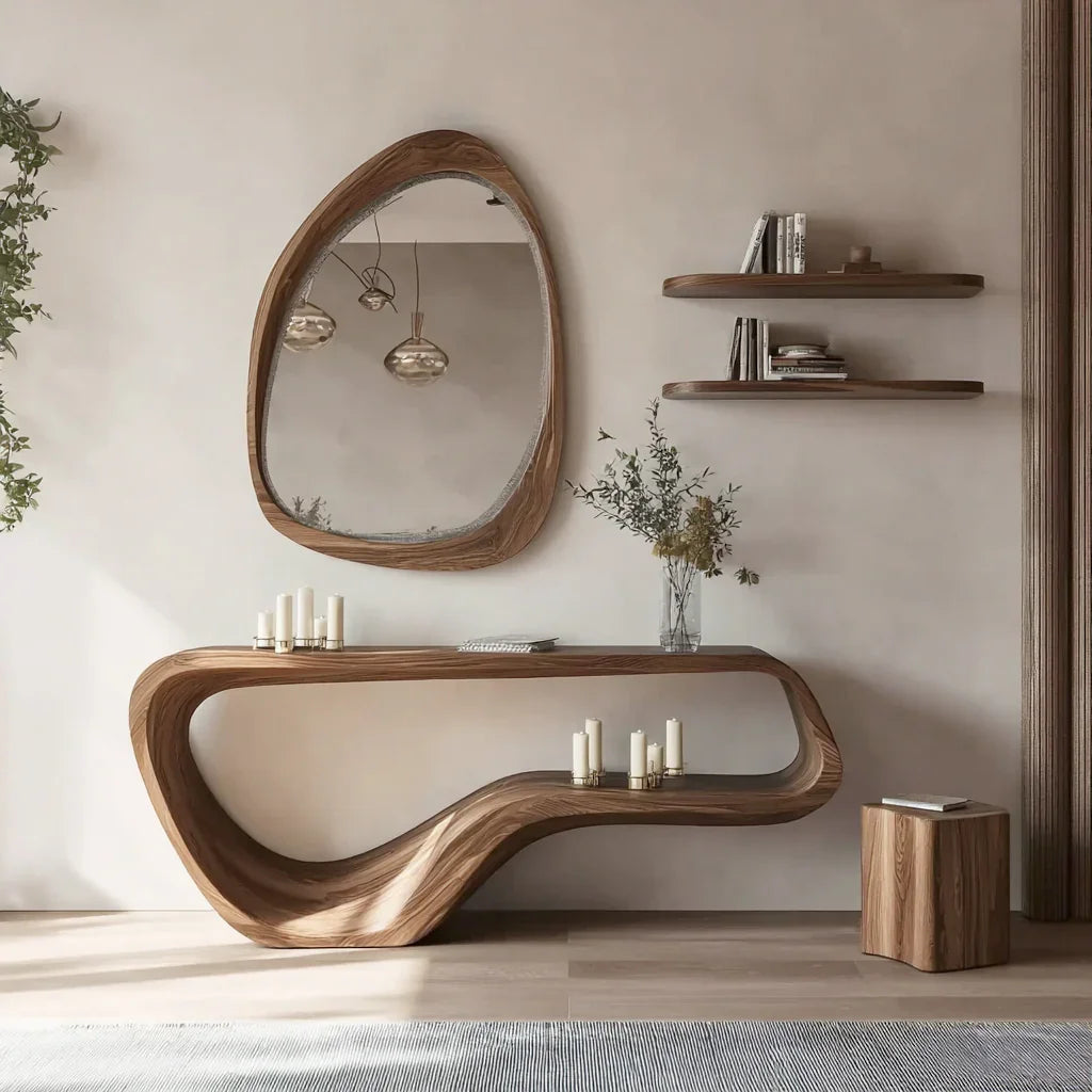 Modern minimalist living room with a sculpted live edge wood console table, organic wall mirror, floating wooden shelves, and decorative candles.