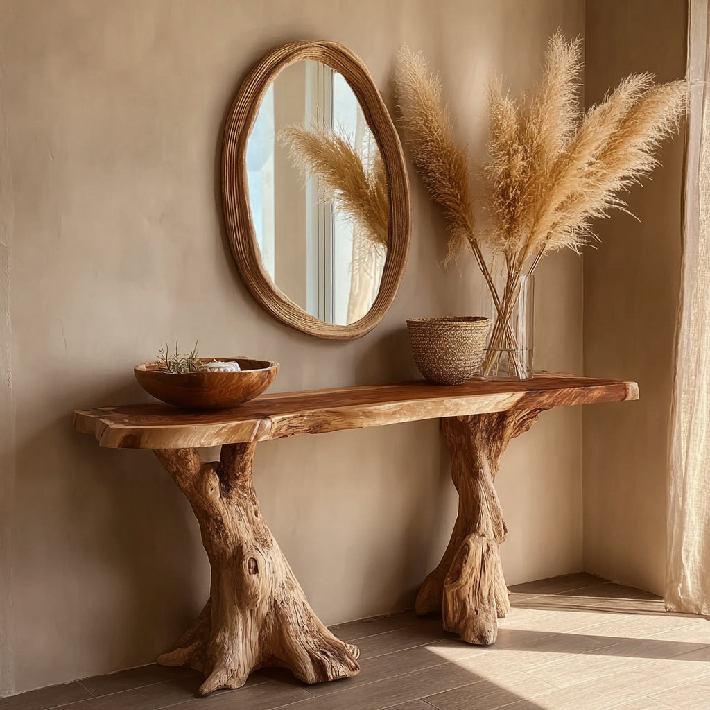 Rustic wooden console table with driftwood legs, oval natural fiber mirror, pampas grass in glass vase