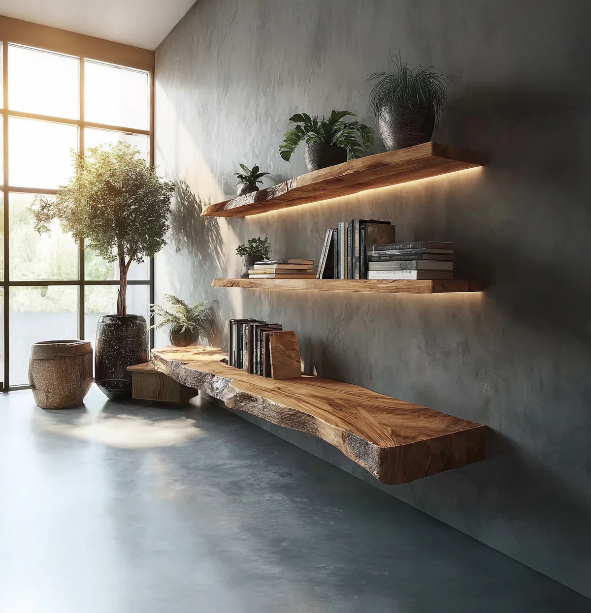 Modern living space with live edge wood floating shelves, books, and potted plants.