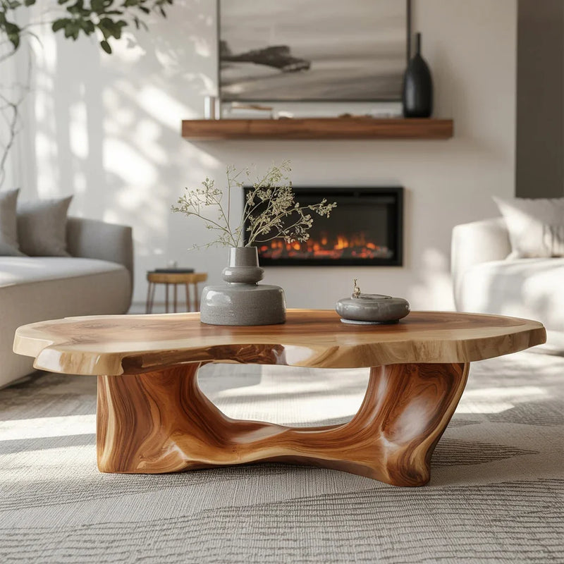 Modern living room with wooden sculptural coffee table, grey ceramic vases, beige sofas, and fireplace