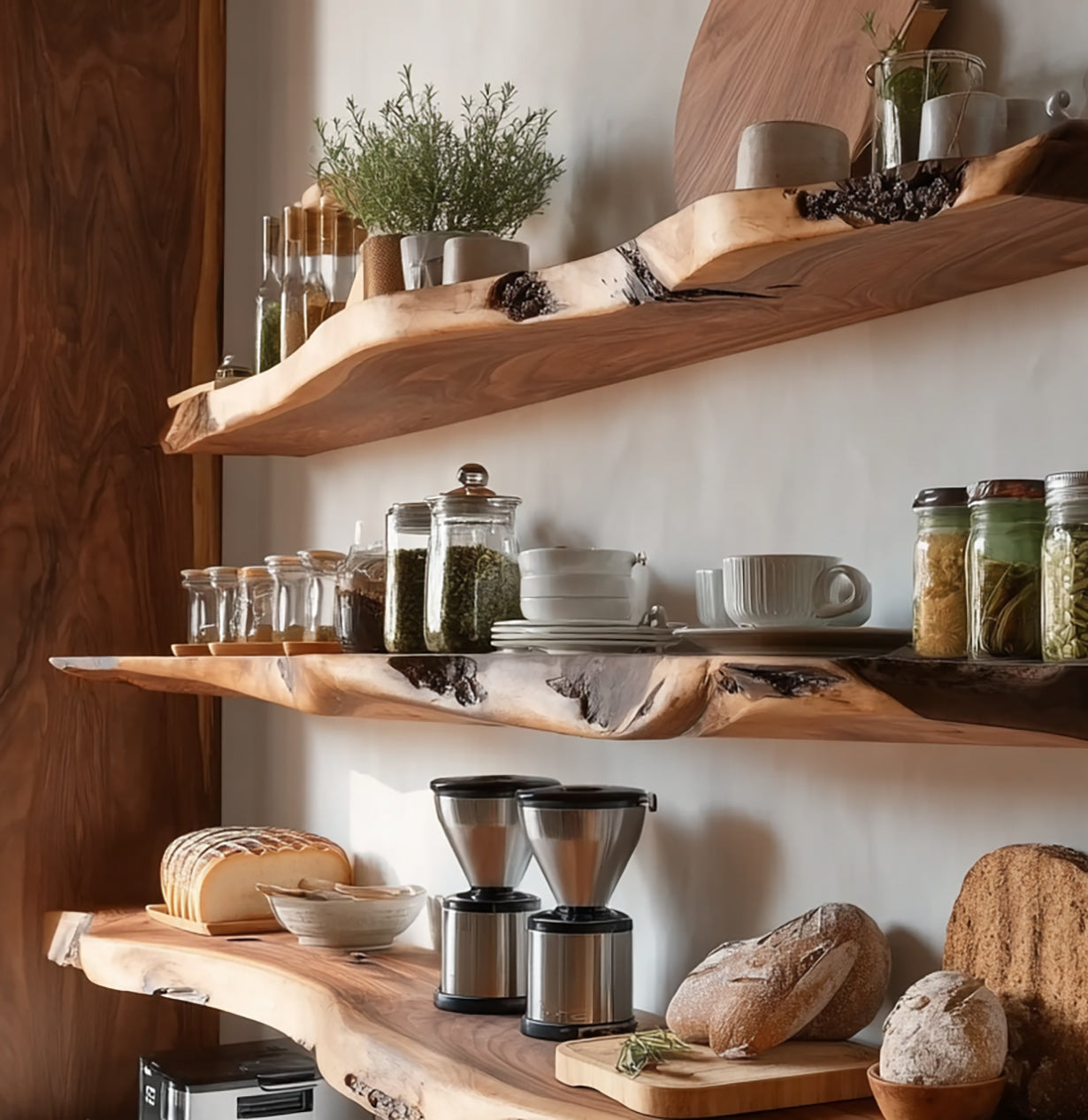 Rustic kitchen shelves with herbs, jars, white dishes, coffee grinders, and various breads