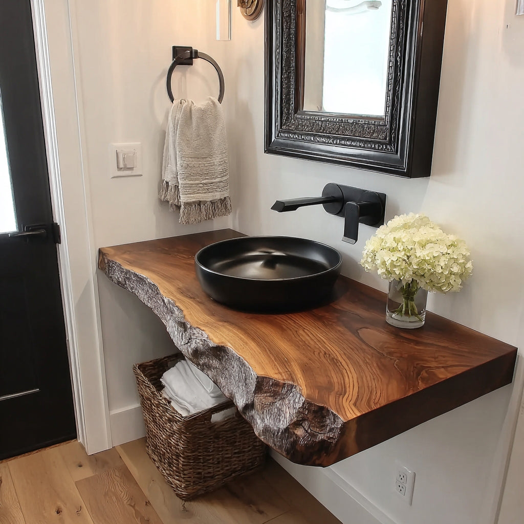 Modern bathroom with live edge wood countertop, black vessel sink, wall faucet, textured towel, and fresh white flowers