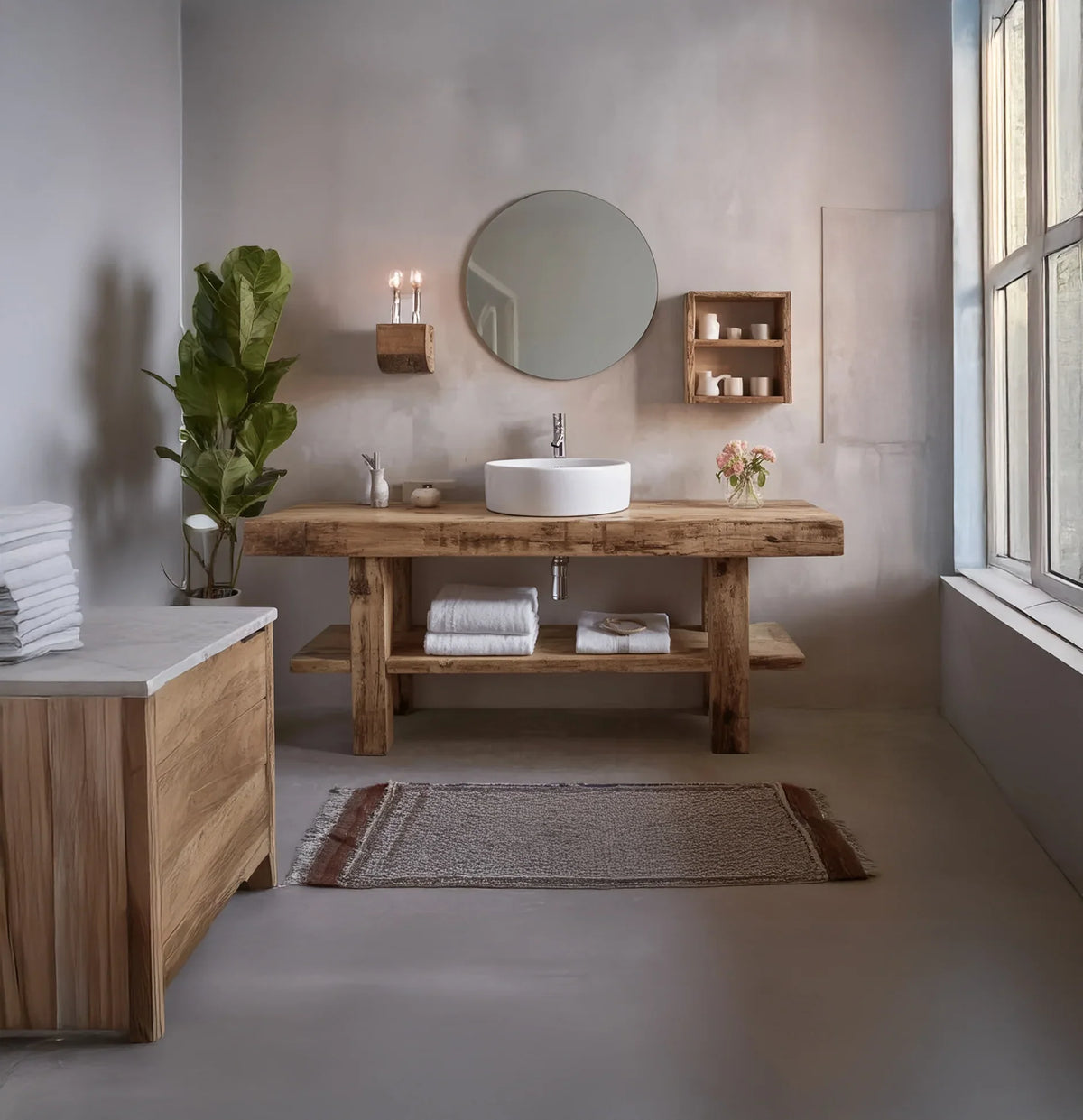 Modern bathroom with live edge wood vanity, round mirror, and floating wood shelves