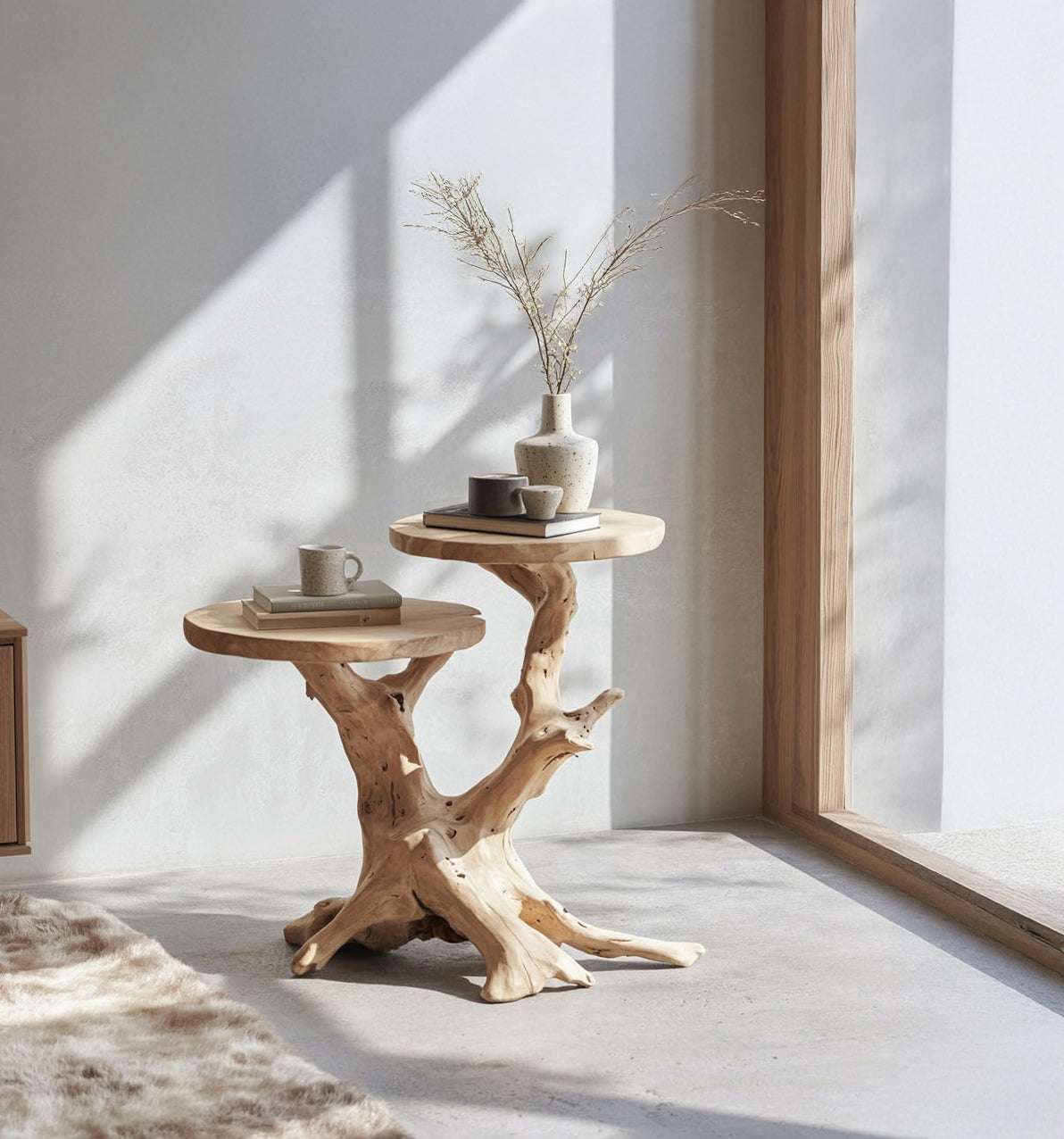 Natural wood double side table with pottery and books in minimalist sunlit room