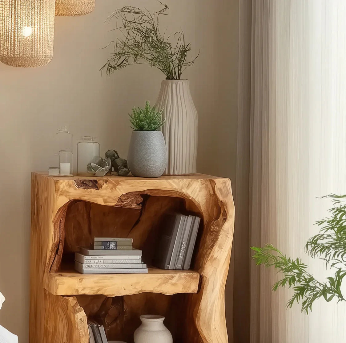 Natural wood bookshelf with books, grey vase with succulent, textured tall vase with branches, and soft curtain lighting