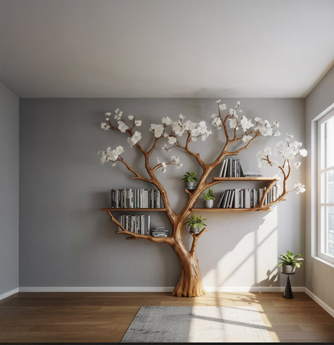 Modern living room with unique tree-shaped wooden bookshelf holding books and plants