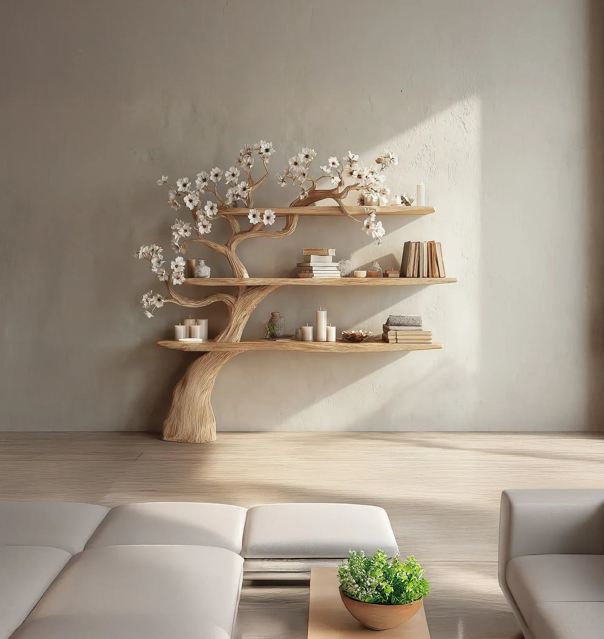 Solid wood tree bookshelf with floral branches, books, and decor in a modern living room