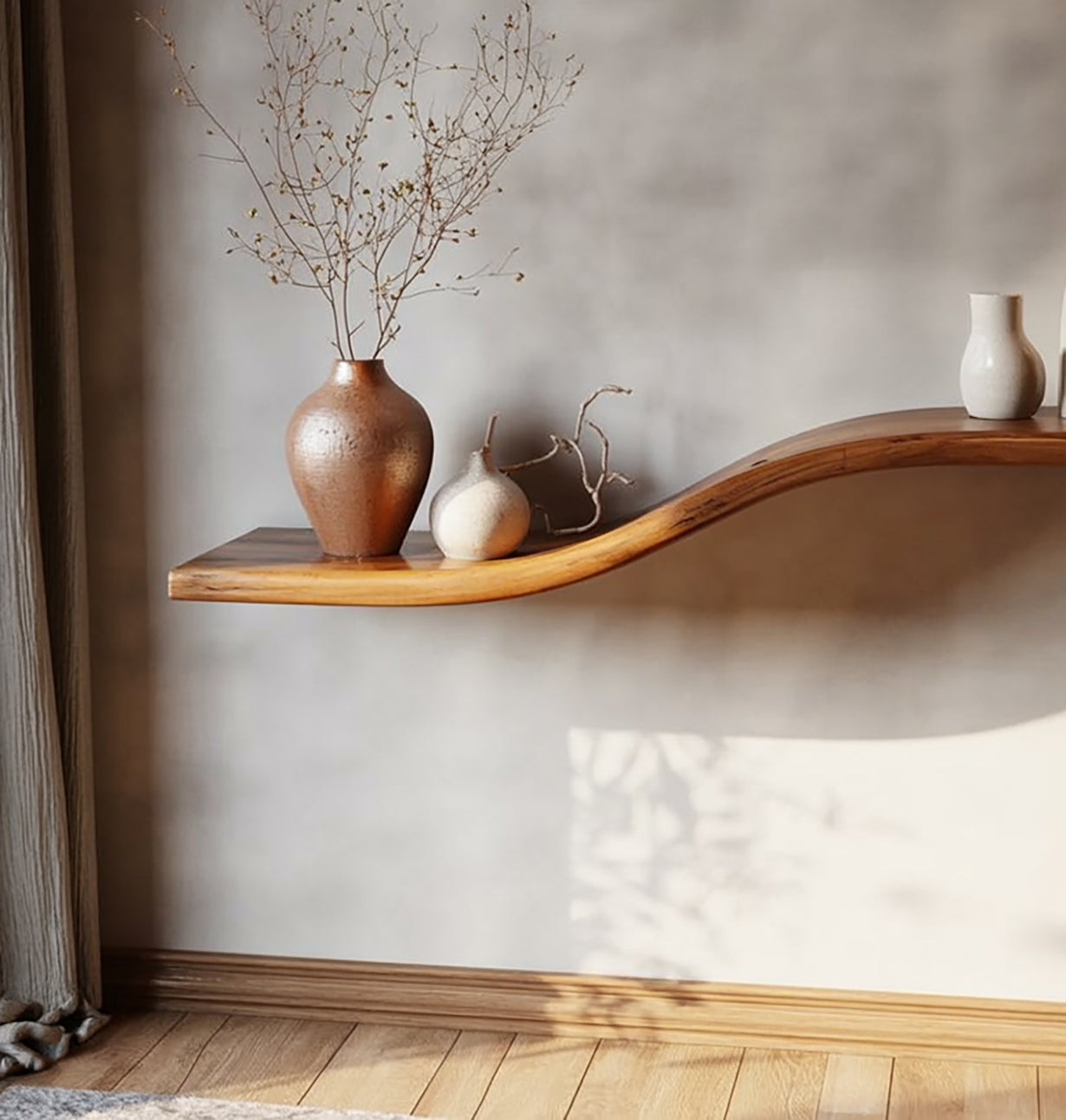 Curved live edge floating wooden shelf with ceramic vases in minimalist interior