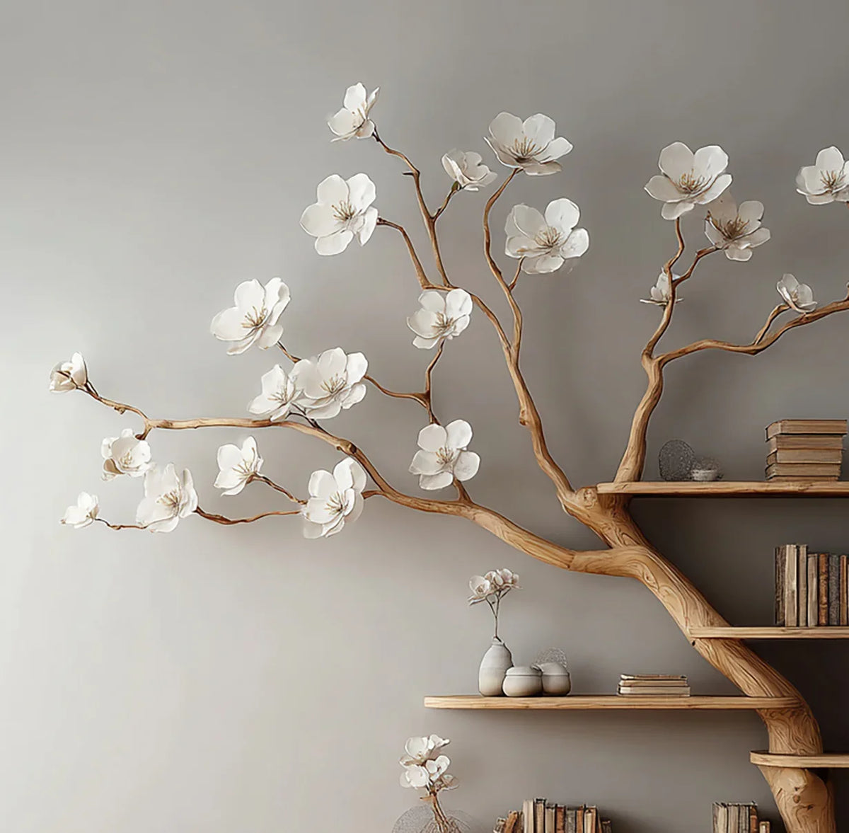 Tree bookshelf with natural wood branches, white flowers, and books on floating shelves