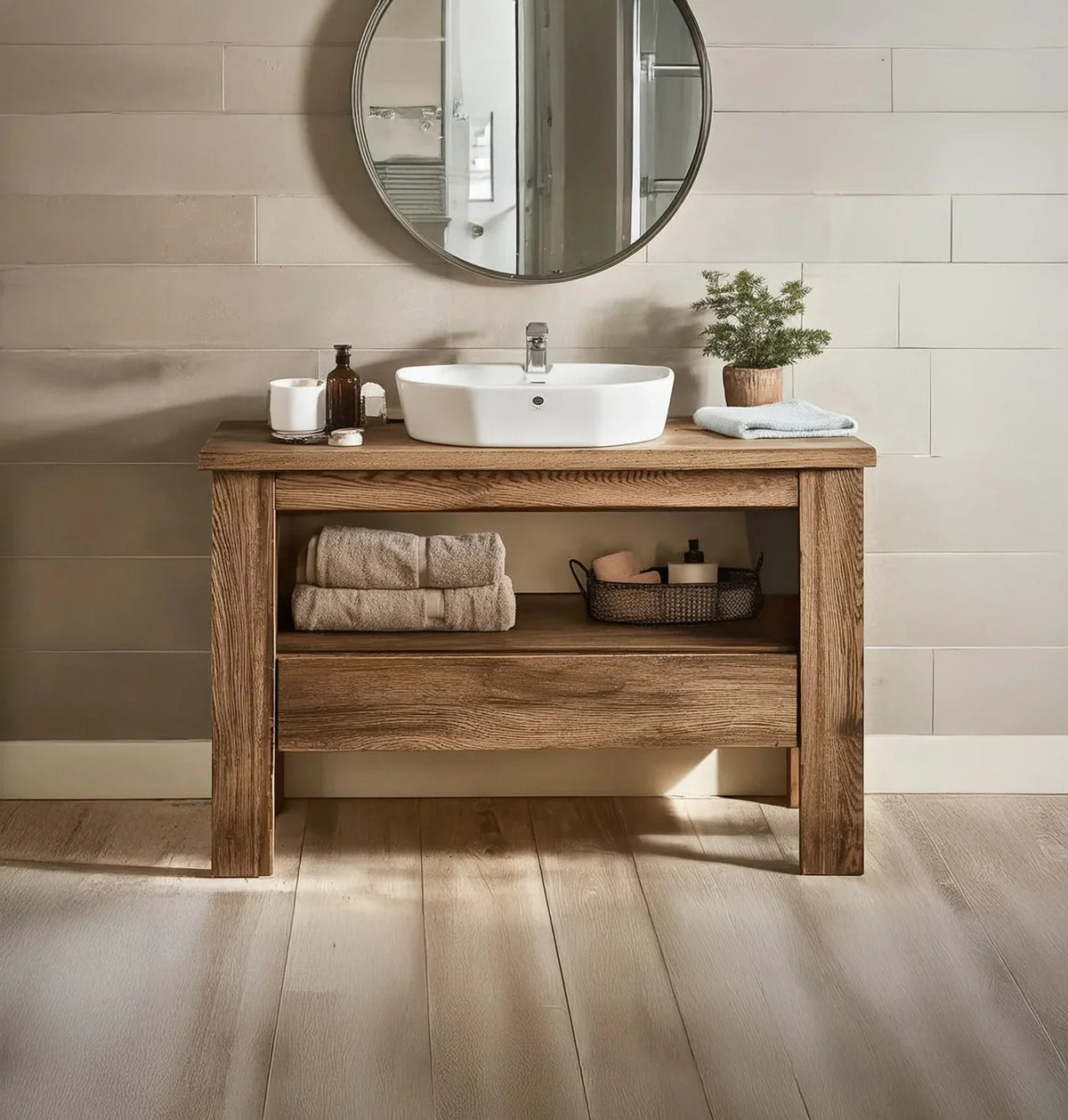 Solid wood bathroom vanity with vessel sink, towels, and accessories, modern minimalist decor.