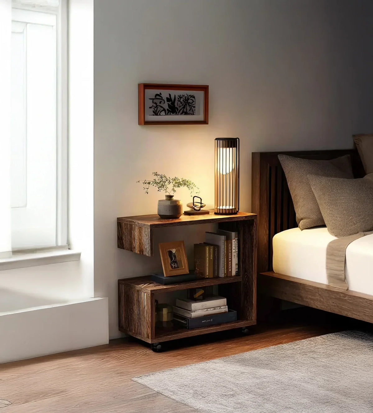Solid wood nightstand with books, a modern lamp, and decor in a cozy bedroom setting