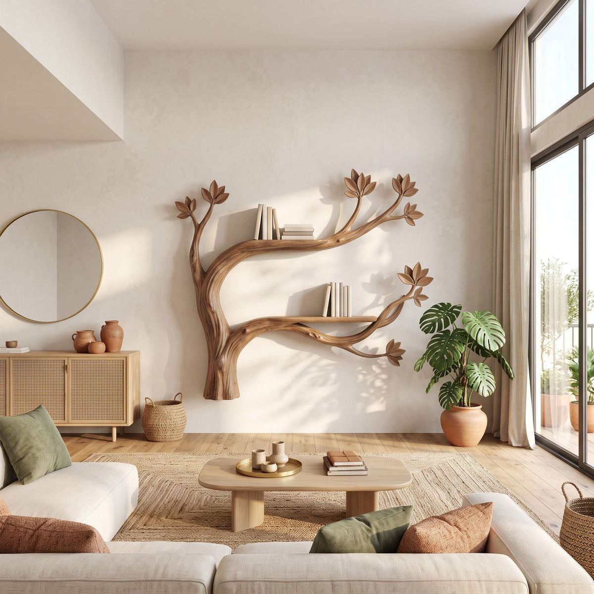 Artisanal solid timber tree wall shelf unit elevating a biophilic living room interior