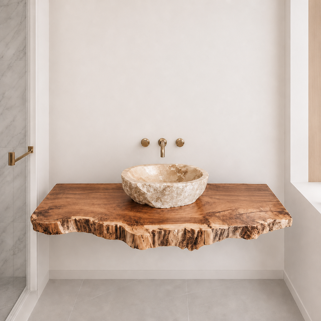 Close-up of a live-edge solid wood mantel preserving the tree's natural silhouette