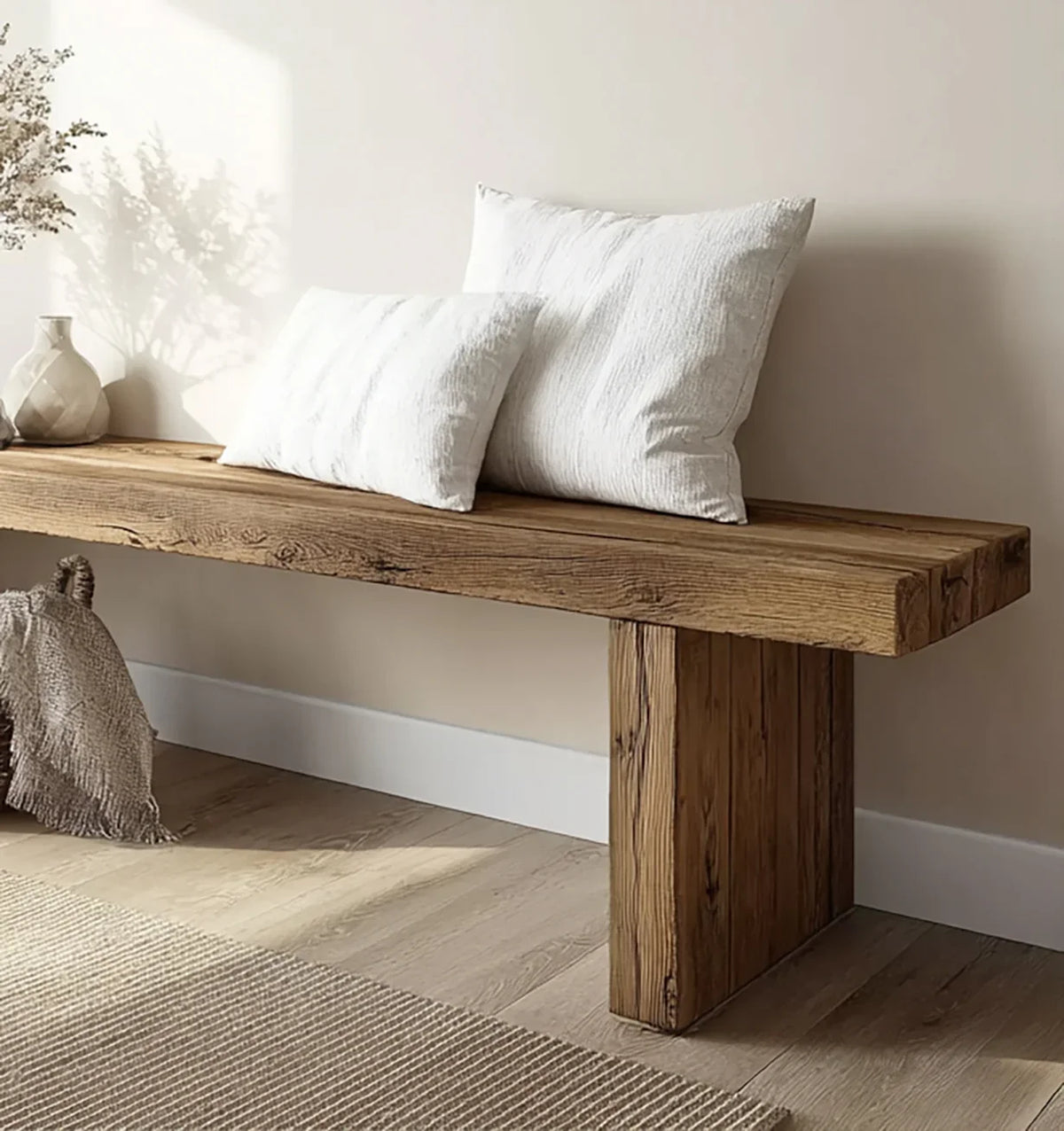 Rustic wooden bench with white pillows in cozy, minimalist room with dried flowers and textured rug