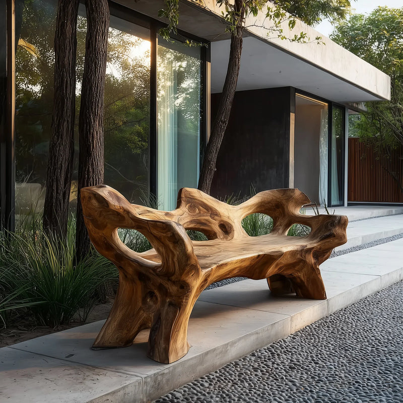Unique wooden bench with organic shapes outside modern glass house with trees and stone path