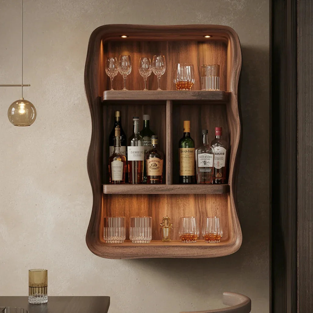 Live edge solid wood wall-mounted liquor shelf with glassware and bottles, modern home bar