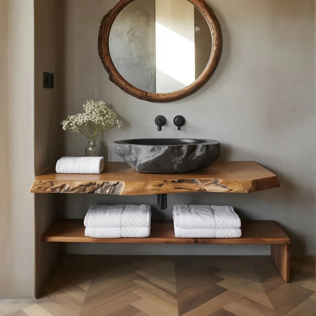 Modern bathroom vanity with live edge wood countertop, stone sink, round wood mirror, and towels