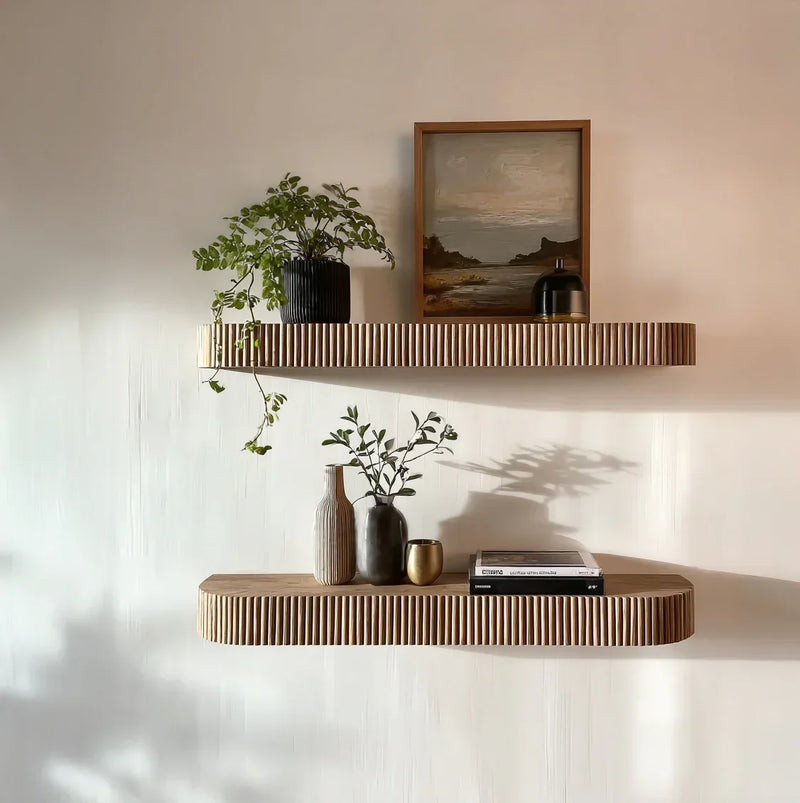 Modern fluted wood floating shelves with decor, plants, and books on a light wall.