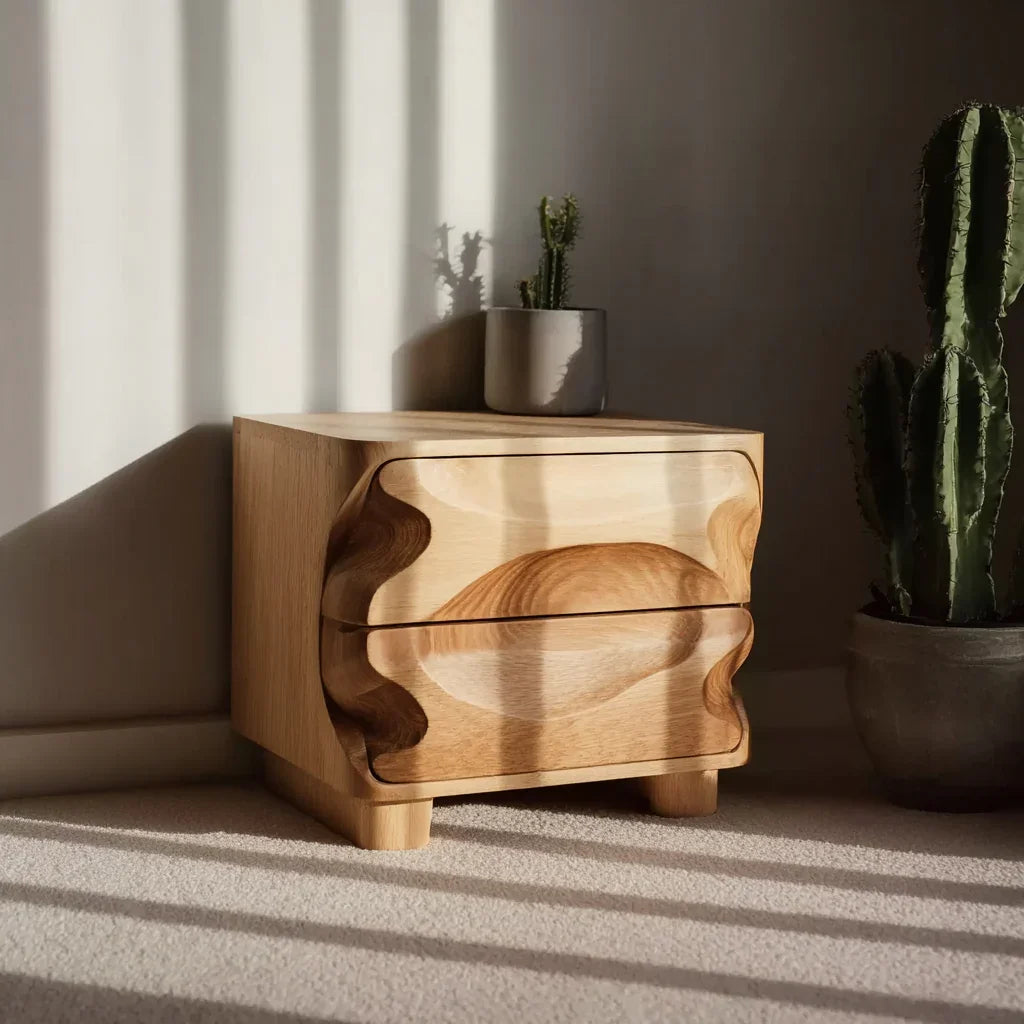 Modern wooden nightstand with sculpted drawer fronts, small cactus on top, and tall cactus beside it