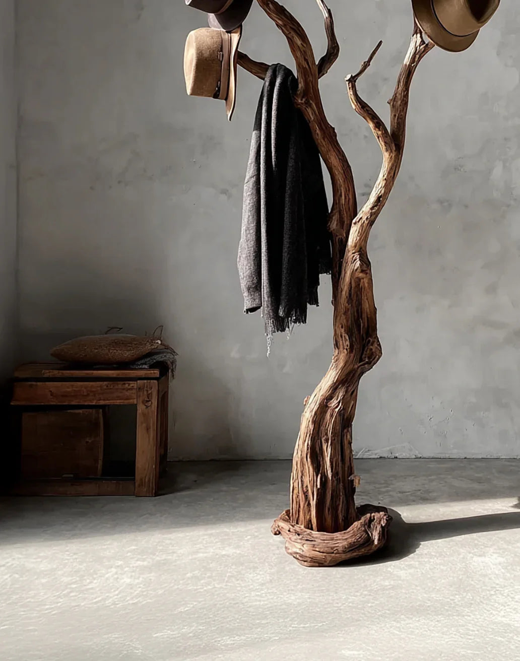 Rustic wooden coat rack shaped like tree branches holding hats and a dark shawl in minimalist room