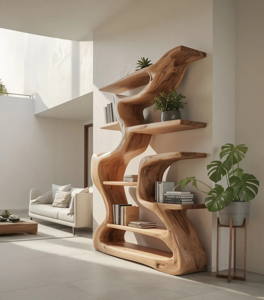 Modern living room with sculptural wooden bookshelf, books, plants, and beige sofa