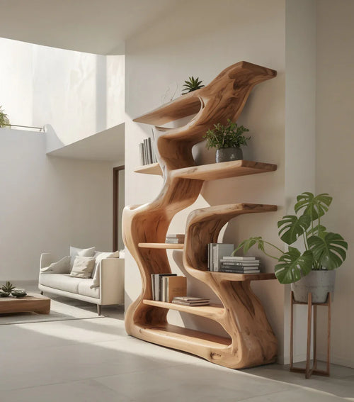 Ashdeco Modern Wooden Bookshelf – Handcrafted Artistic Curved Shelf