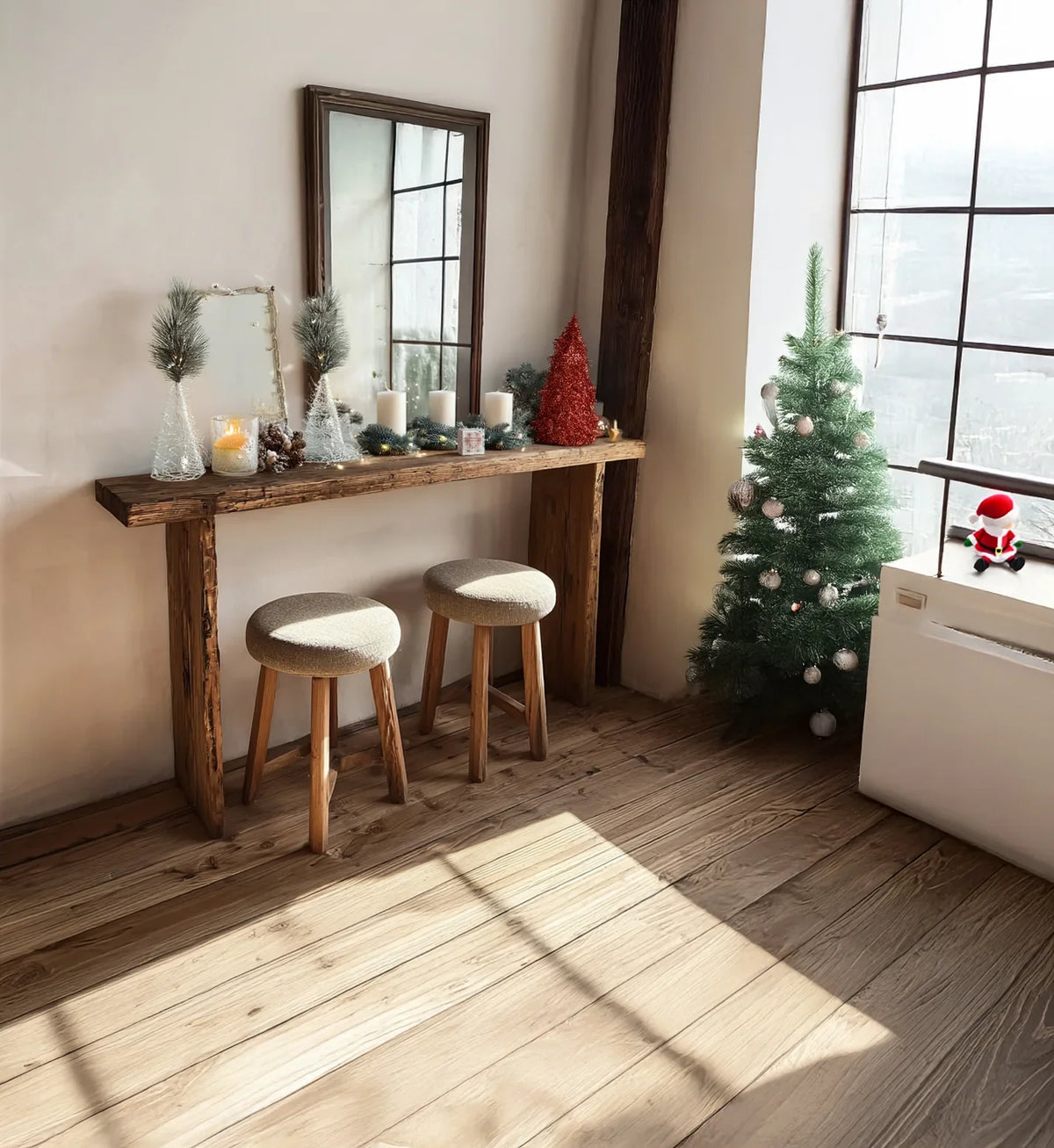 Sustainably crafted solid wood console table with live edge, two stools, and festive holiday decor.