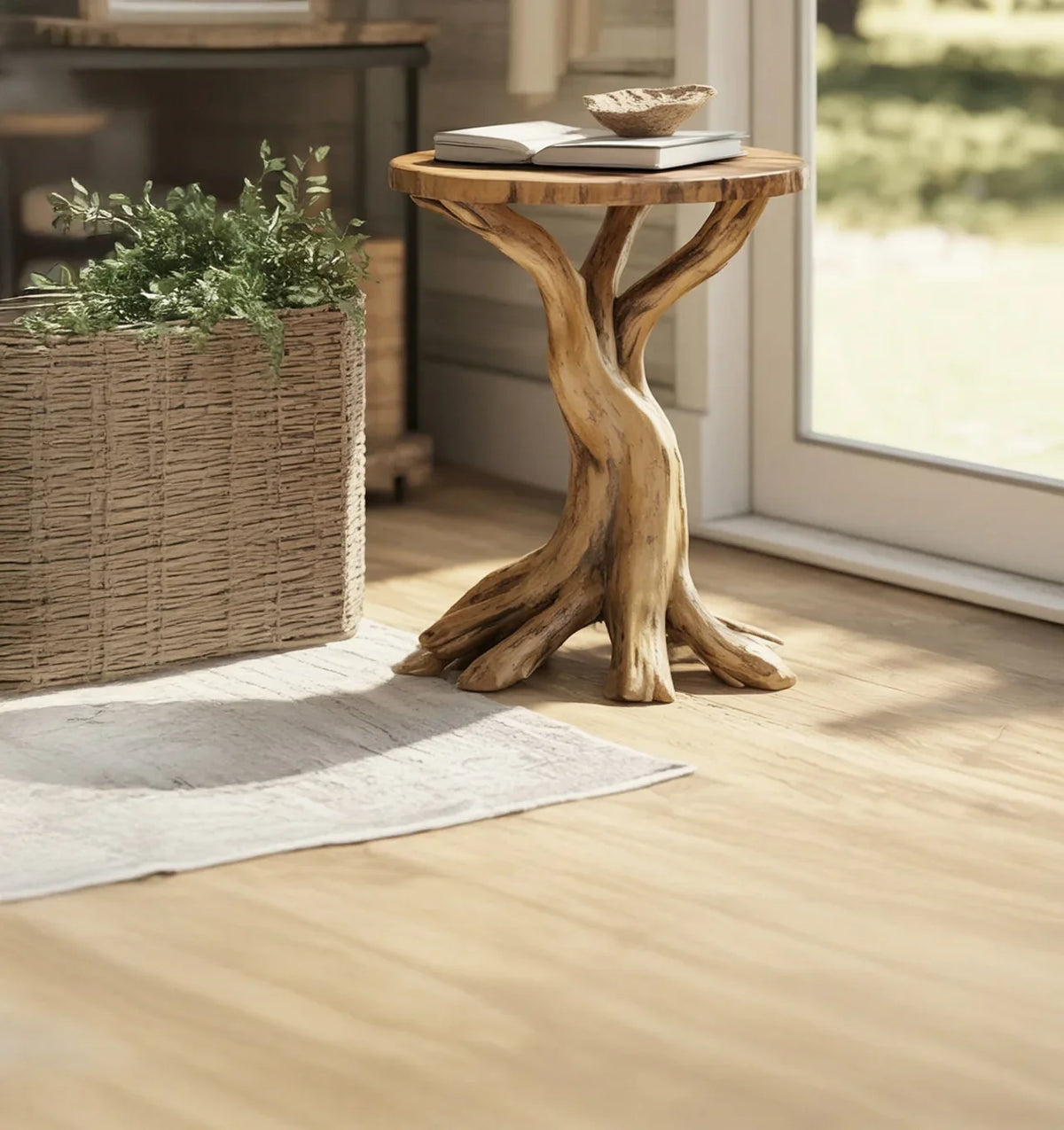 Live edge solid wood side table with tree root base in sunlit room