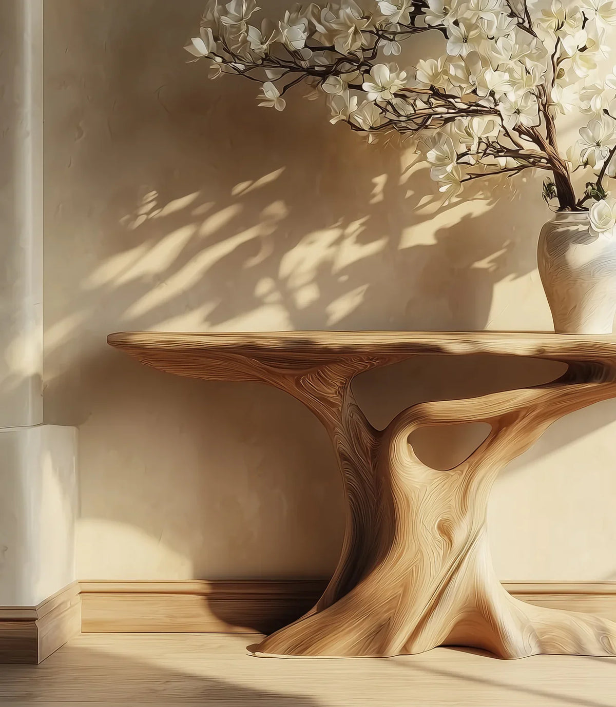 Elegant wooden console table with natural grain and white flower vase casting soft shadows on beige wall
