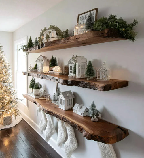 Christmas Live Edge Floating Shelf – Rustic Solid Wood Wall Decor