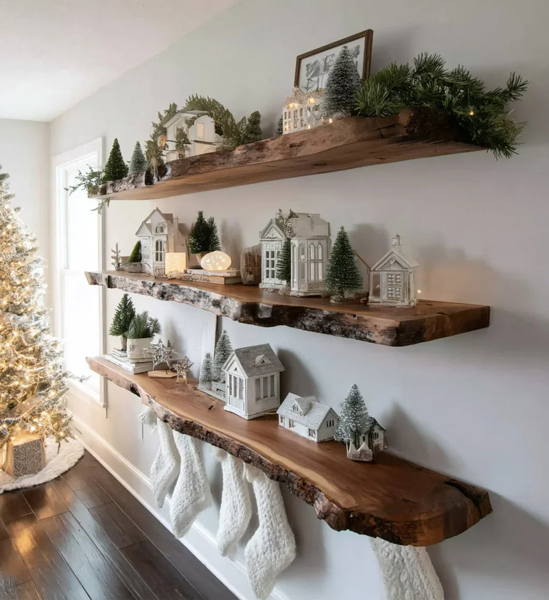 Rustic live edge wood shelves decorated with miniature white houses, small green Christmas trees, and knit stockings in a cozy holiday setting