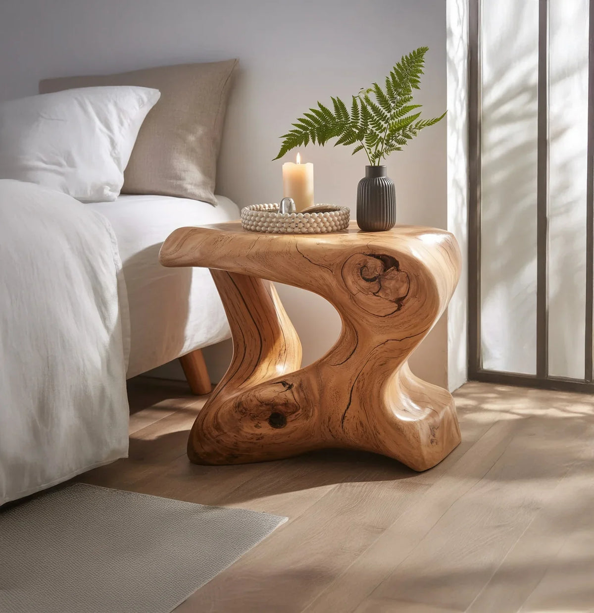 Modern wooden side table with organic curves beside bed with white and beige pillows