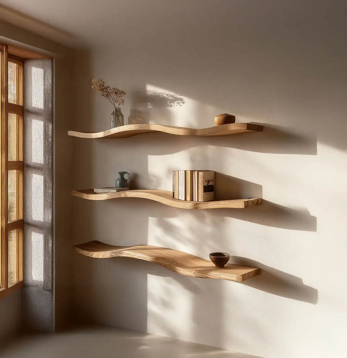 Three natural wood live edge floating shelves with books and decor in sunlit corner.