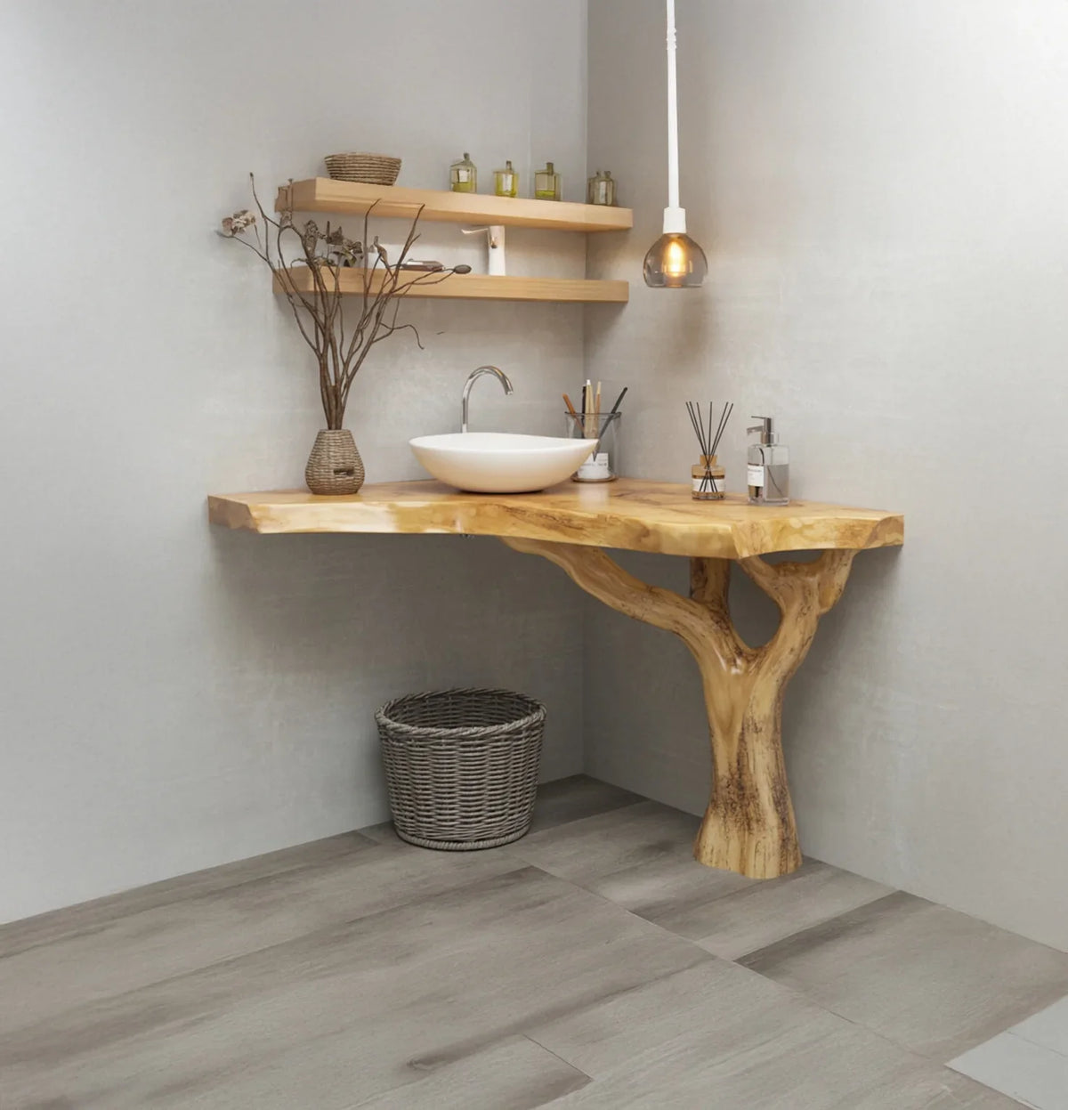 Live edge wooden bathroom vanity with vessel sink and natural tree base, modern decor