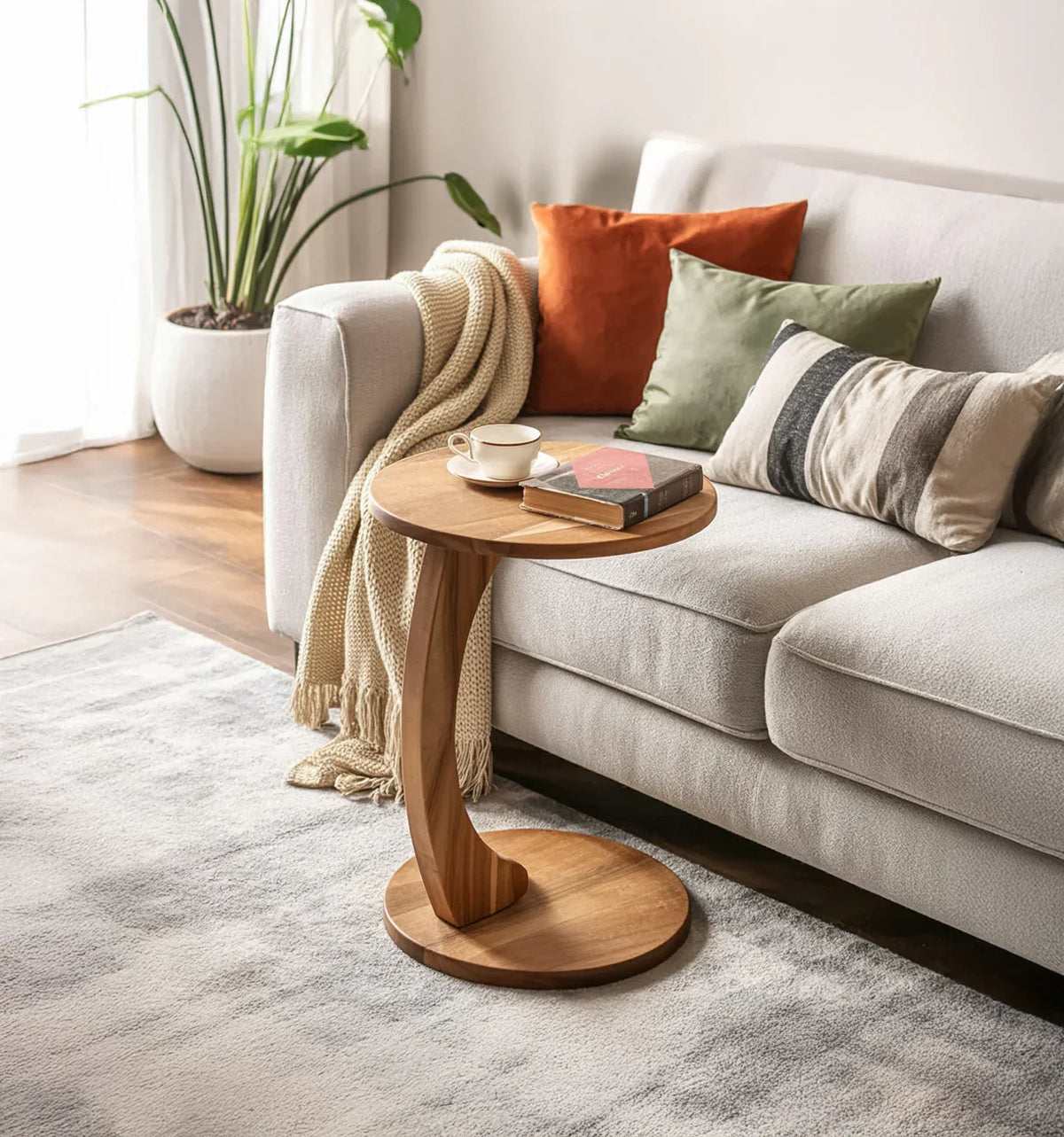 Modern solid wood side table with curved base next to sofa, styled with books and a cup.
