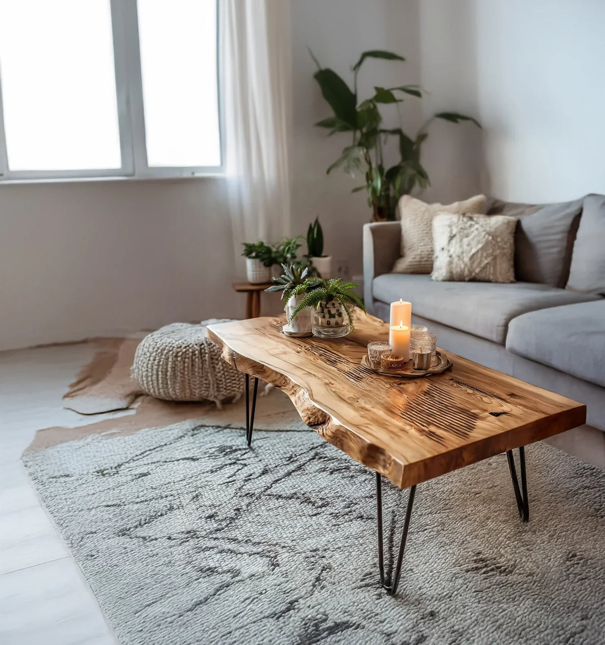 Cozy living room with rustic wooden coffee table, gray sofa, knit pouf, and decorative candles