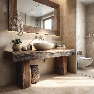 Rustic live edge wood bathroom vanity with vessel sink, large mirror, and natural decor