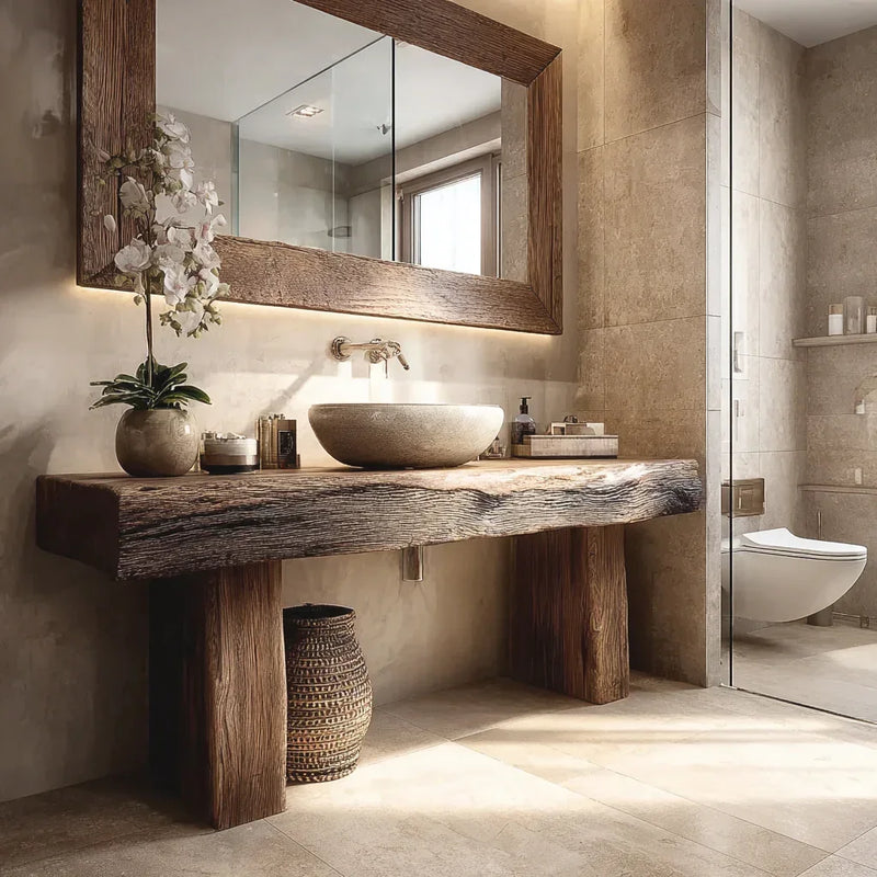 Rustic live edge wood bathroom vanity with vessel sink, large mirror, and natural decor