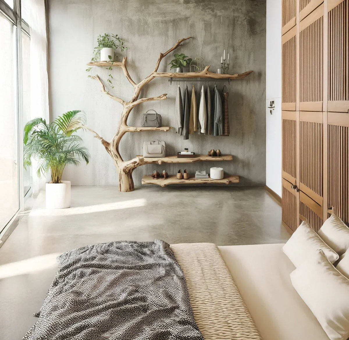 Minimalist bedroom with natural wood tree branch shelves holding clothing, bags, and shoes, plus indoor plant