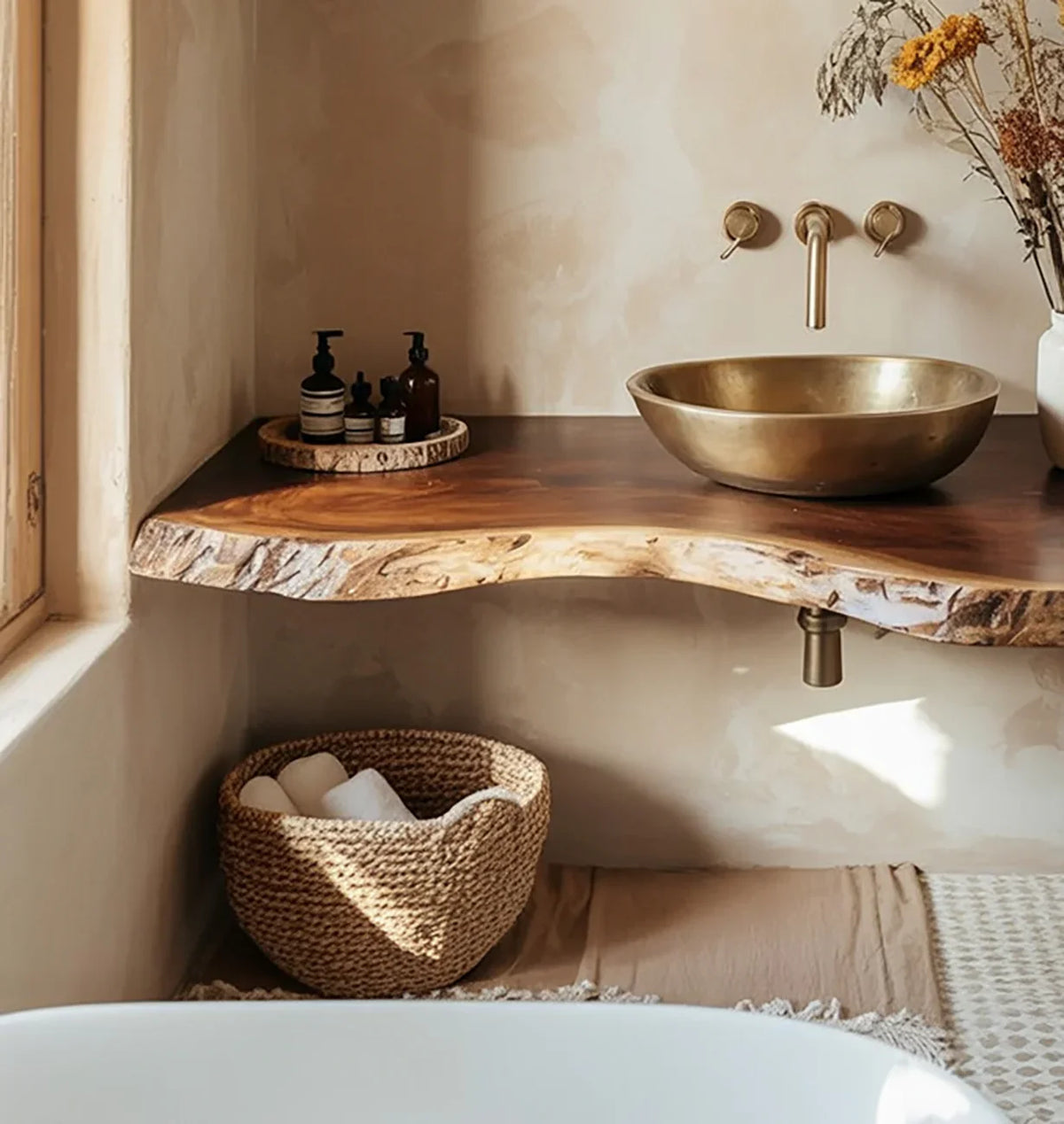 Live edge wood bathroom vanity with brass sink, woven basket, and minimalist decor