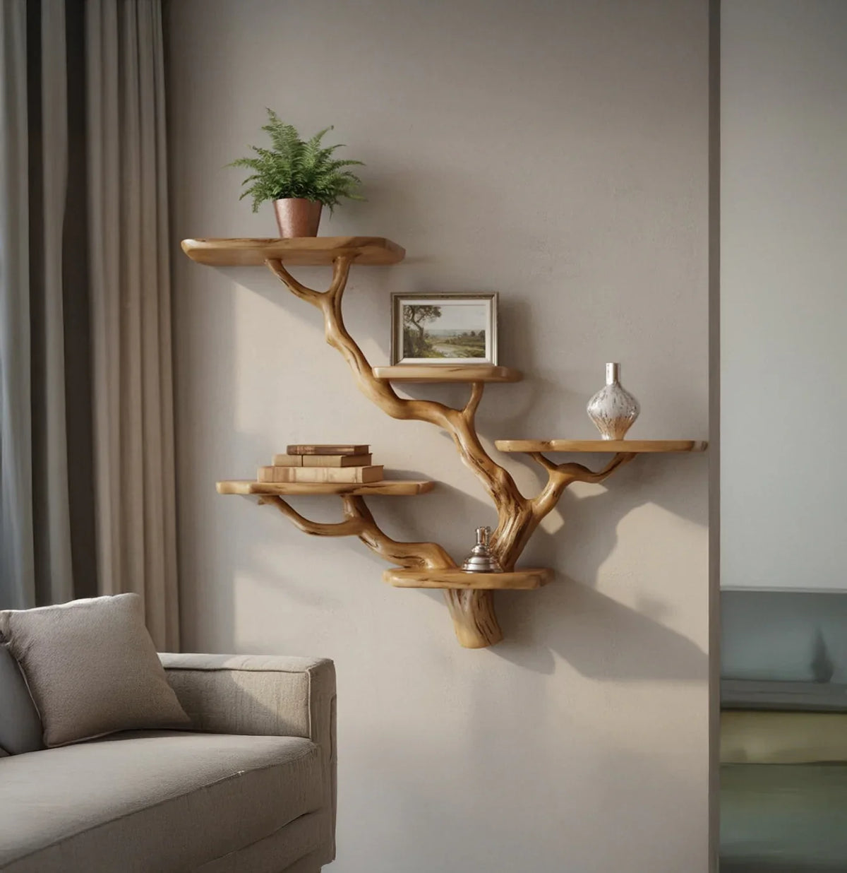 Tree branch shaped wooden bookshelf with books, plant, and decor on living room wall